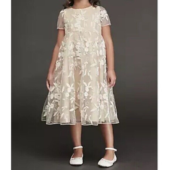 Davids Bridal Flower Girl Dress Ivory Champagne Lace Sleeve Midi Length Size 14 - Picture 9 of 9
